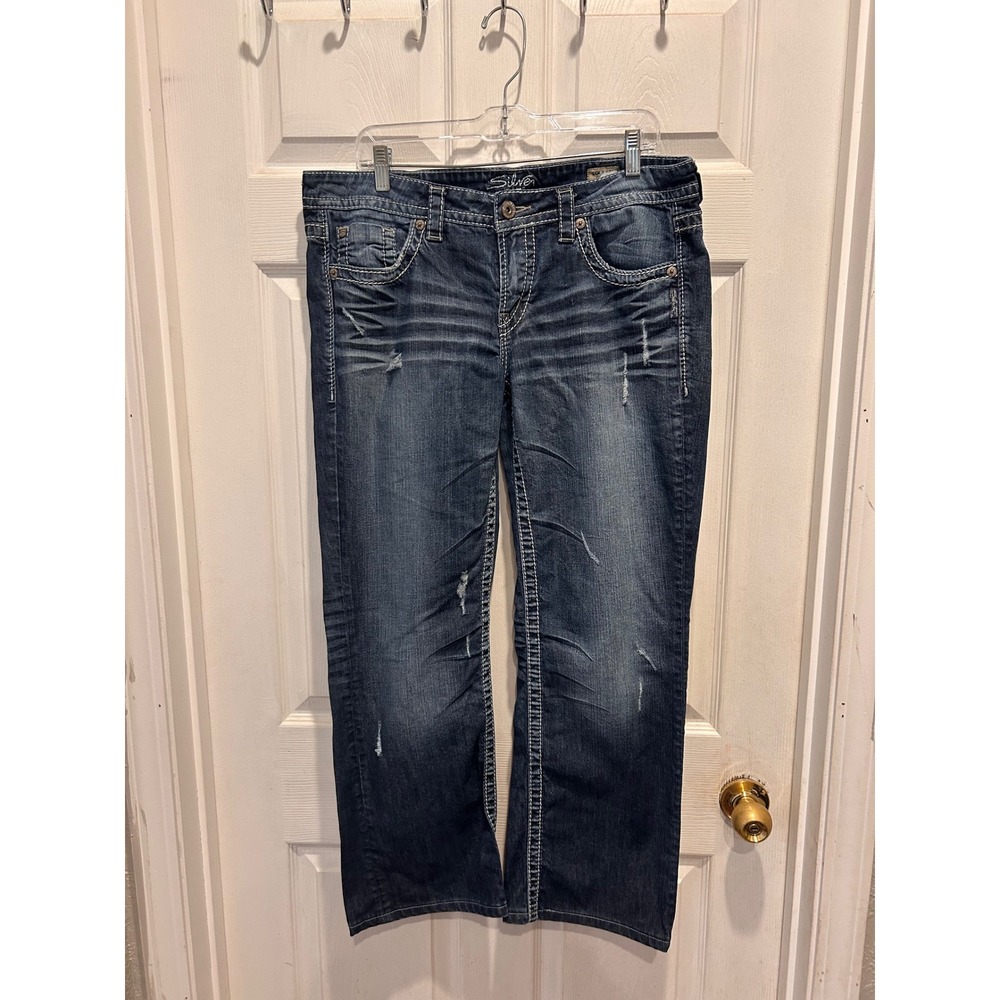 Silver Jeans Lola Straight Leg Dark Wash Distressed Thick Stitch W33 L28 Denim